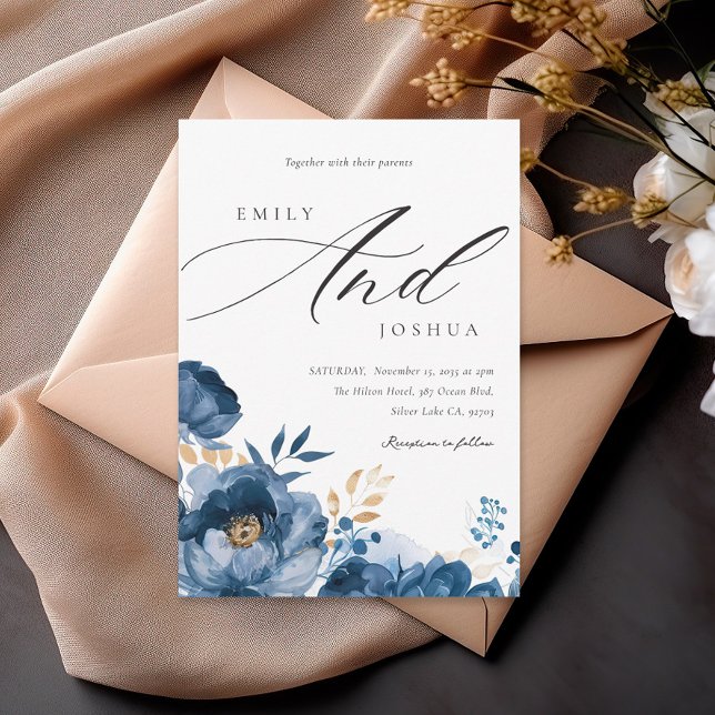 Dusky Blue Guld Blommigt bröllopsinbjudan Inbjudningar (Skapare uppladdad)