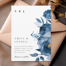 Dusky Blue Guld Blommigt bröllopsinbjudan Inbjudningar