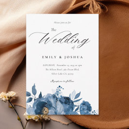 Dusky Blue Guld Blommigt bröllopsinbjudan Inbjudningar