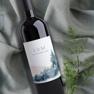  DUSKY BLUE MOUNTAINS GRÄS MONOGRAM BRÖLLOP VINFLASKA ETIKETT