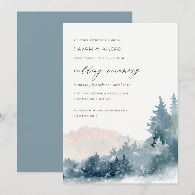  DUSKY BLUE MOUNTAINS GRÄS WEDDING INVITE TACK KORT (Fram/baksida)