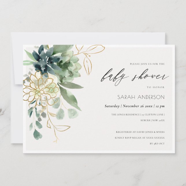 Dusky Blue Succulage Foliage Baby Shower Inbjudan (Framsida)