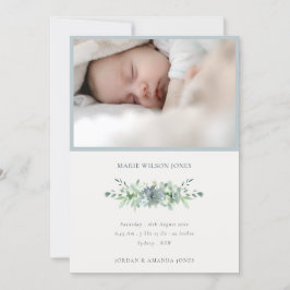 Dusky Blue Succulent Photo Baby Birth Notice Tack Kort