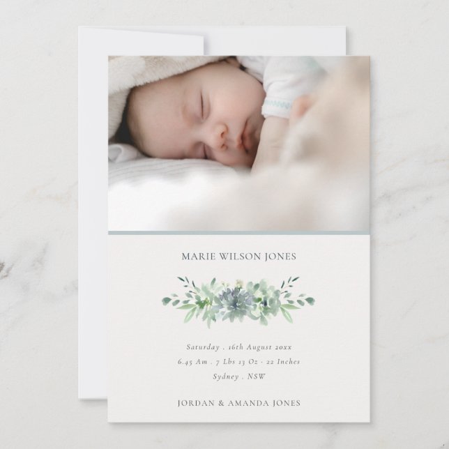 Dusky Blue Succulent Photo Baby Birth Notice Tack Kort (Framsida)
