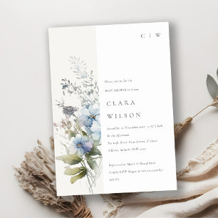 Dusky Blue Watercolor Cottage Blommigt Baby Shower Inbjudningar