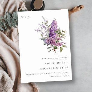 Dusky Chic Lilac Grönt Cottage Blommigt Watercolor Spara Datumet