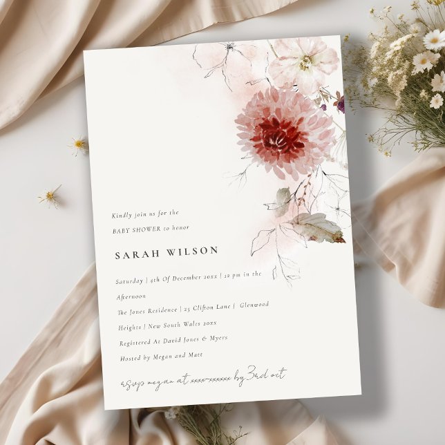 Dusky Fall Marsala  Blommigt Baby Shower Inbjudningar (Skapare uppladdad)