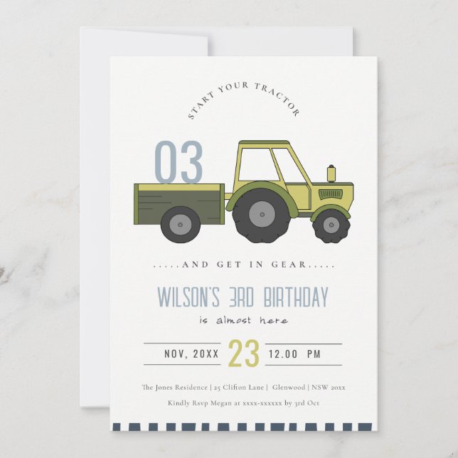 Dusky Grönt Farm Tractor Kids any age Birthday Inbjudningar (Framsida)