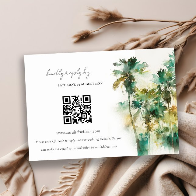 Dusky Grönt Tropical Handflatan Träd Bröllop QR-ko Tilläggskort (Skapare uppladdad)