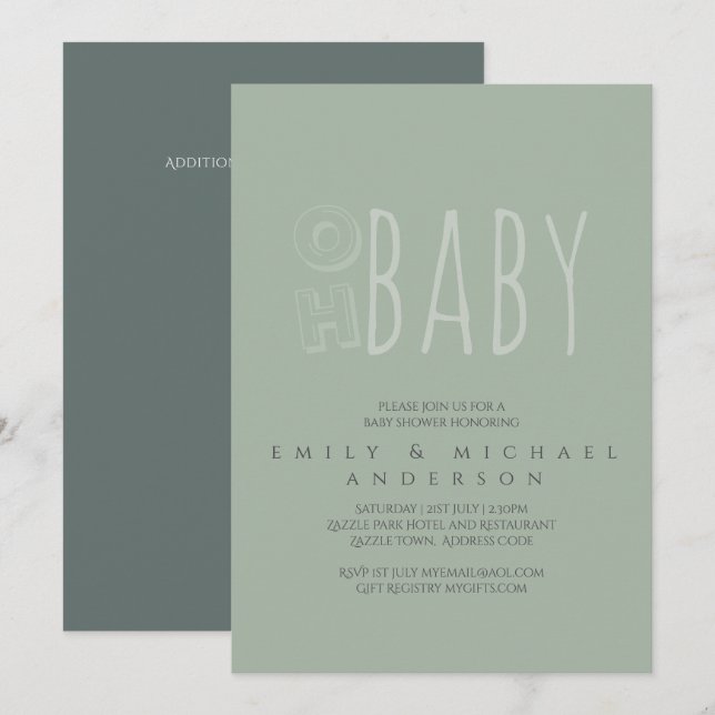 Dusky Grönt Typography Modern Baby Shower Inbjudningar (Fram/baksida)