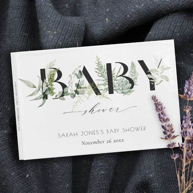 Dusky Leafy Fern Succulary Script Baby Shower Gästböcker (Skapare uppladdad)