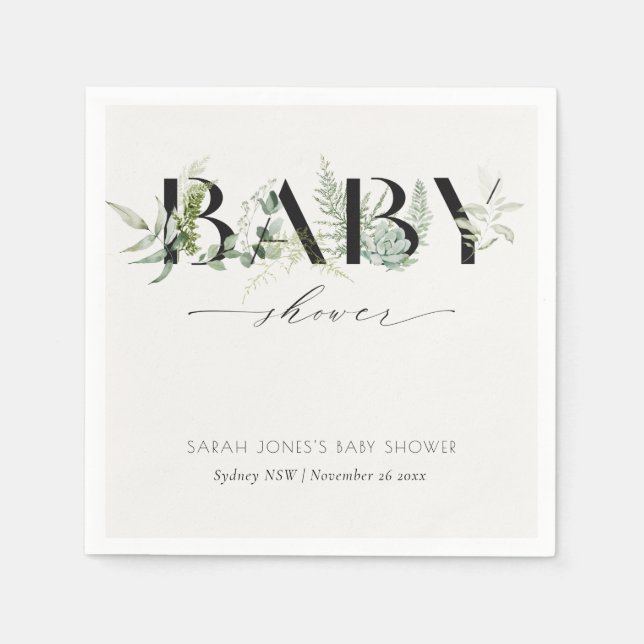 Dusky Leafy Fern Succulary Script Baby Shower Pappersservett (Framsidan)