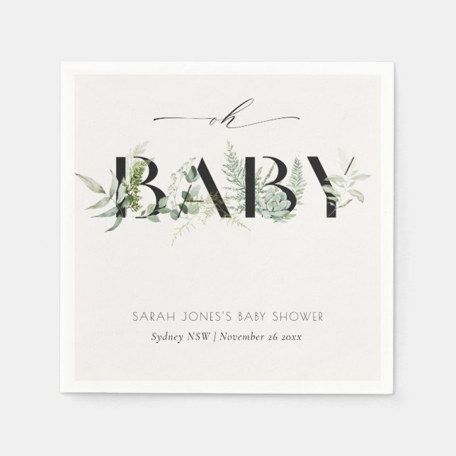 Dusky Leafy Fern Succulent Oh Baby Shower Pappersservett (Framsidan)