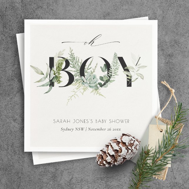 Dusky Leafy Fern Succulent Oh Boy Baby Shower Pappersservett (Skapare uppladdad)
