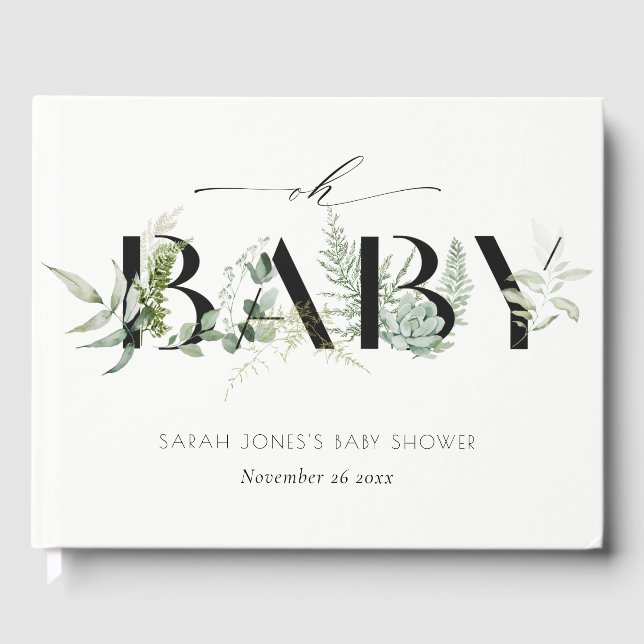 Dusky Leafy Fern Succulent Oh Script Baby Shower Gästböcker (Framsida)