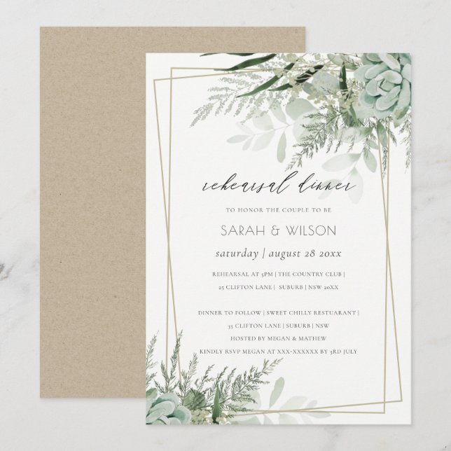 Dusky Leafy Fern Succulsal Rehearsal Dinner Inbjud Tack Kort (Fram/baksida)