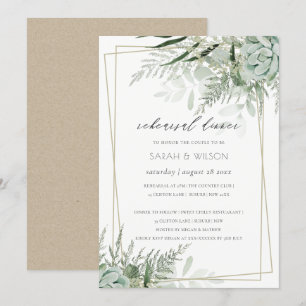 Dusky Leafy Fern Succulsal Rehearsal Dinner Inbjud Tack Kort
