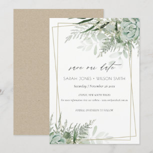 Dusky Leafy Fern Succult Save the Date Card Tack Kort