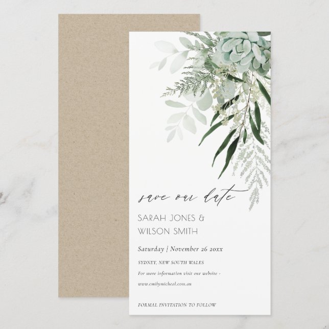 Dusky Leafy Fern Succult Save the Date Card Tack Kort (Fram/baksida)