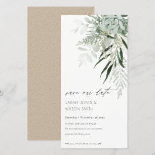 Dusky Leafy Fern Succult Save the Date Card Tack Kort