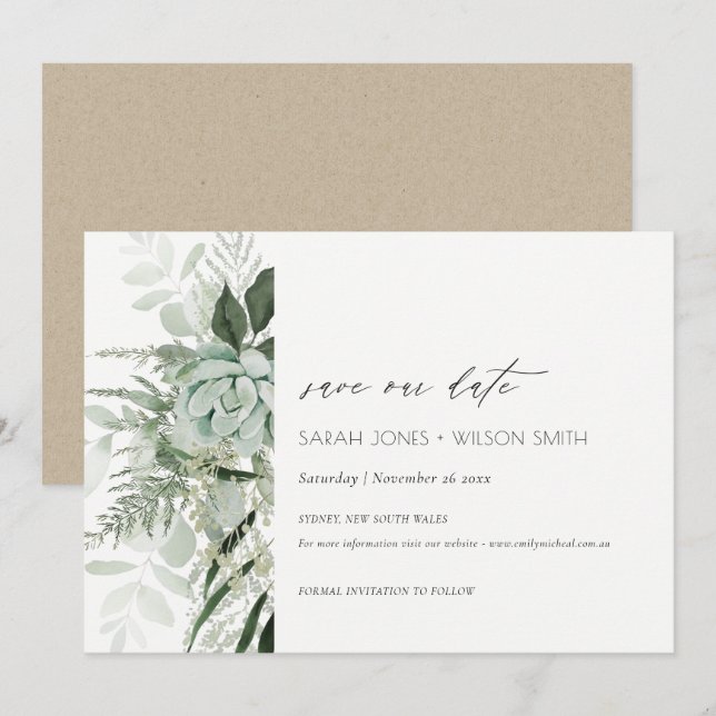 Dusky Leafy Fern Succult Save the Date Card Tack Kort (Fram/baksida)