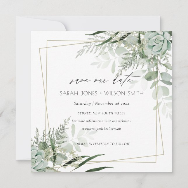 Dusky Leafy Fern Succult Save the Date Card Tack Kort (Framsida)
