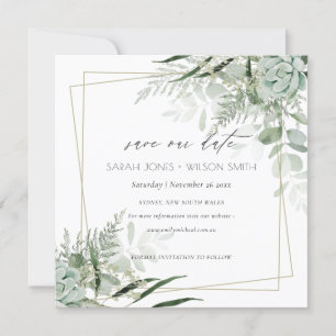 Dusky Leafy Fern Succult Save the Date Card Tack Kort