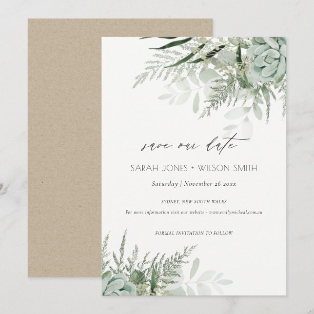 Dusky Leafy Fern Succult Save the Date Card Tack Kort (Fram/baksida)