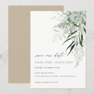 Dusky Leafy Fern Succult Save the Date Card Tack Kort
