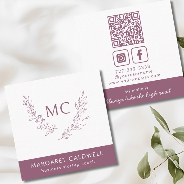 Dusky Lila Monogram Wandan Fyrkantigt Visitkort (Dusky Purple Monogram Wreath Social Media Square Business Card)