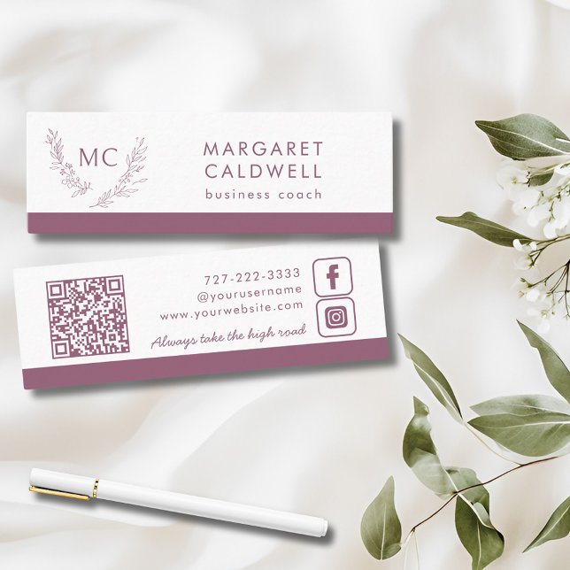 Dusky Lila Monogram Wandan Mini Visitkort (Dusky Purple Monogram Wreath Social Media Mini Business Card)