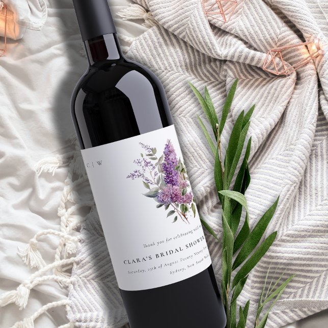Dusky Lila Vattenfärg Stuga Flora Bröllopsdusch Vinflaska Etikett (Skapare uppladdad)