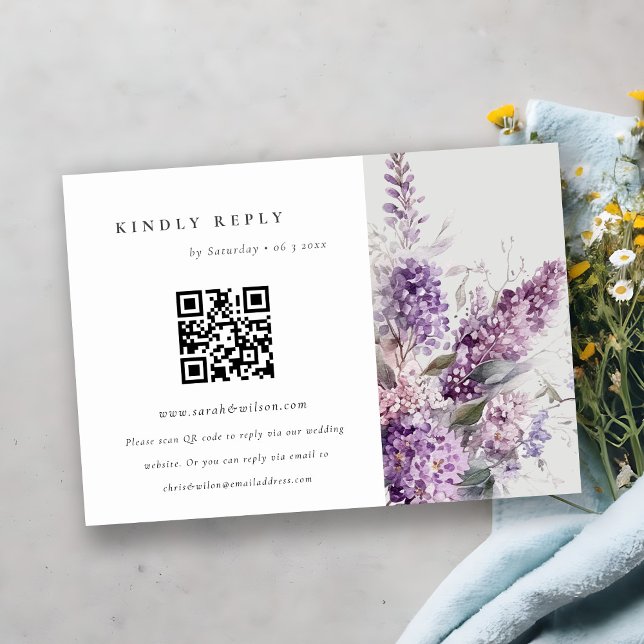 Dusky Lilac Stuga Blommig Bröllops QR-kod RSVP Tilläggskort (Skapare uppladdad)