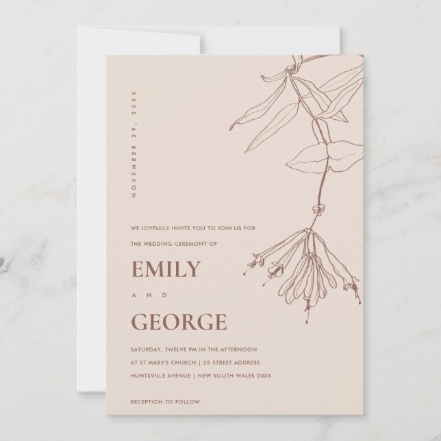 DUSKY  LINE TECKNING BLOMMIGT WEDDING INVITE TACK KORT (Framsida)