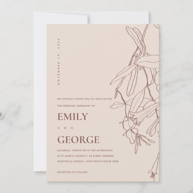 DUSKY  LINE TECKNING BLOMMIGT WEDDING INVITE TACK KORT (Framsida)