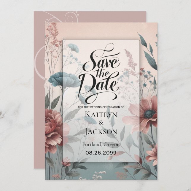 Dusky Petals och Soft Serenity Blommigt Spara Datumet (Fram/baksida)