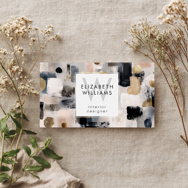 Dusky Pink Black Gold Monogram Business Cards Visitkort (Skapare uppladdad)