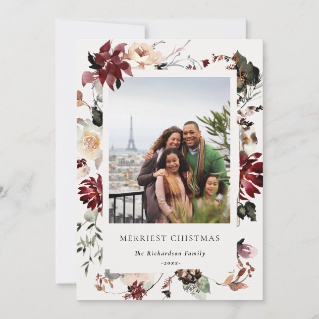 Dusky Poinsettia Floral Merriest Christmas Photo Julkort (Framsida)