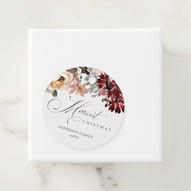 Dusky Red Poinsettia Blommigt Merriest jul Gåvor Etiketter (På plats)