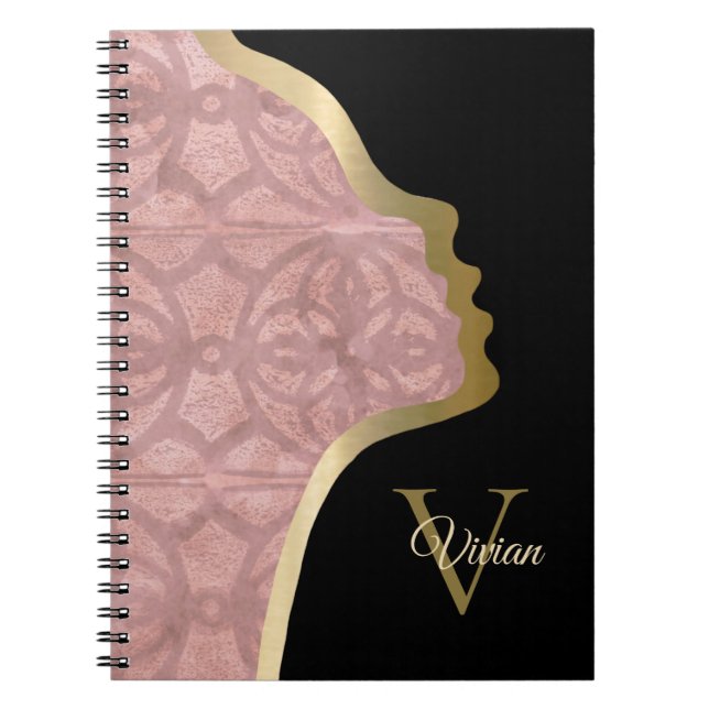 Dusky Rosa Black och Guld Ansikte Monogram Namn Anteckningsbok (Framsidan)