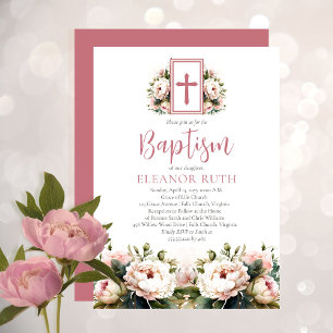 Dusky Rosa Botanical Blooms Girl Blommigt Baptism Inbjudningar