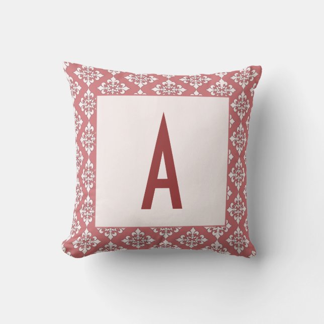 Dusky Rosa Damask Gräns Monogram Pillow Kudde (Framsida)