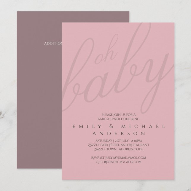 Dusky Rosa Typography Baby Shower Gender Reveal Inbjudningar (Fram/baksida)