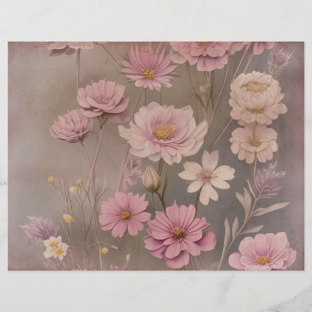 Dusky Rosa Vintage Blommigt Scrapbook Papper (Framsida)