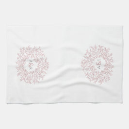 Dusky rosa vit cirkel löv monogram teckning kökshandduk