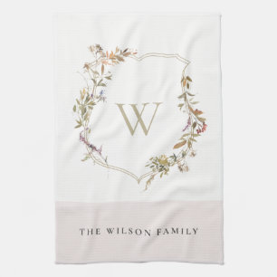 Dusky Rosa Wildblomme Vapensköld Monogram Kökshandduk
