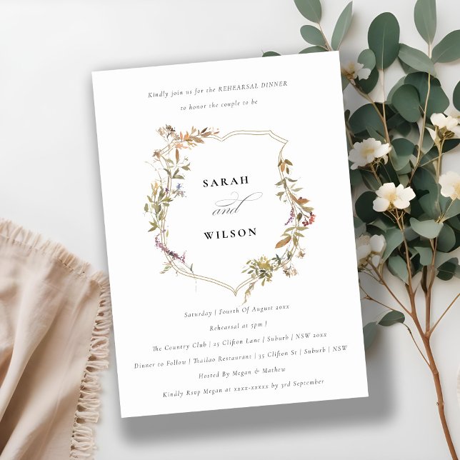Dusky Rosa  Wildblomme Vapensköld Rehearsal Dinner Inbjudningar (Skapare uppladdad)