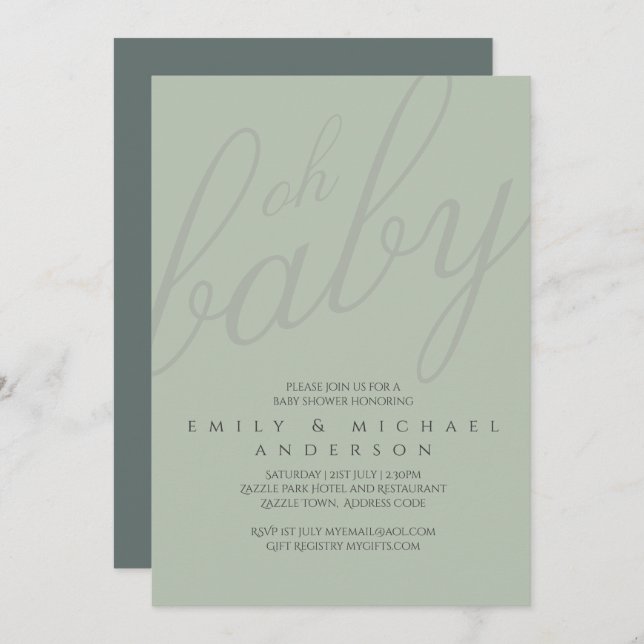 Dusky Sage Typography Baby Shower Gender Reveal Inbjudningar (Fram/baksida)