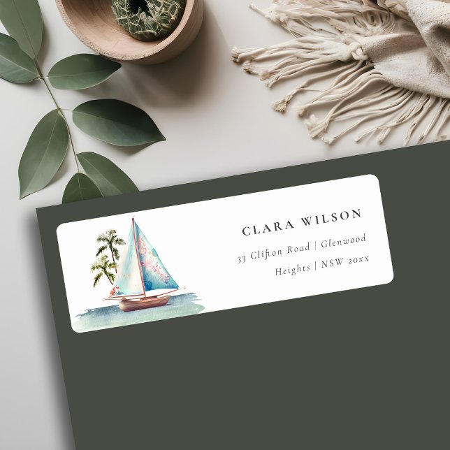 Dusky Teal Sailboat-Sjölandskapet Handflatan Adres Returadress Etikett (Skapare uppladdad)
