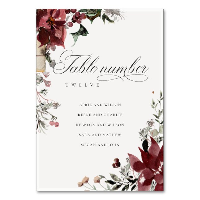 Dusky Warm Winter Festive Foliage Bröllop Namn Bordsnummer (Framsidan)